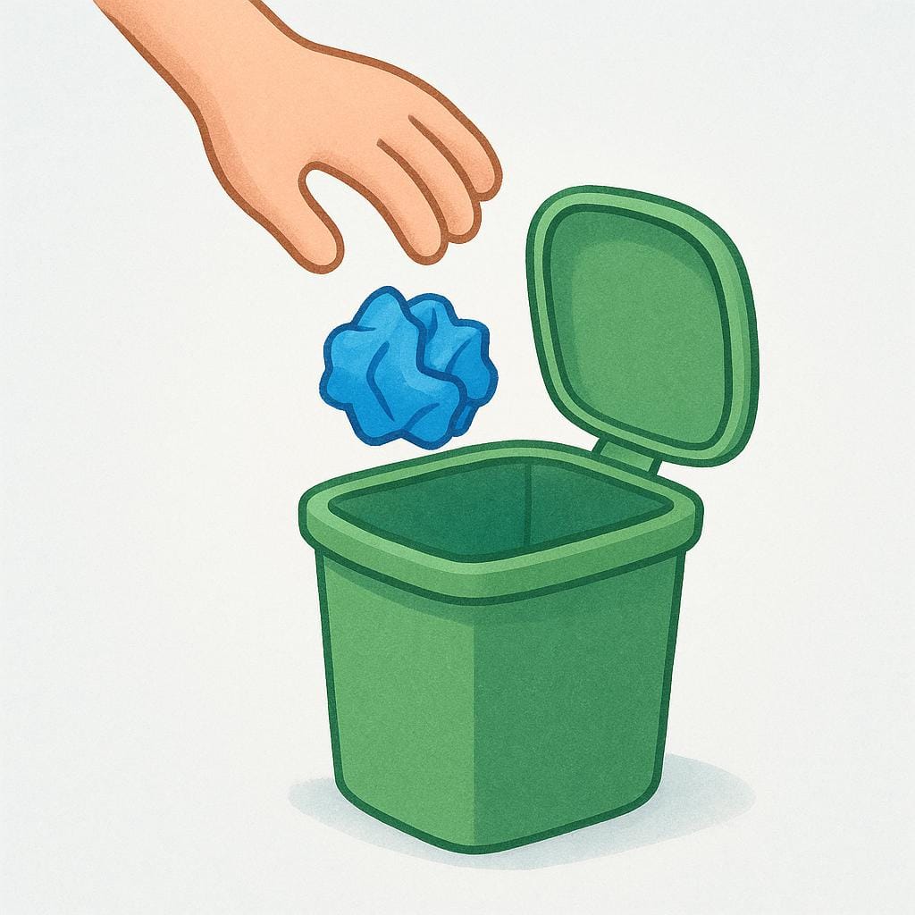 A hand dropping a crumpled piece of paper into a tall, open waste bin.