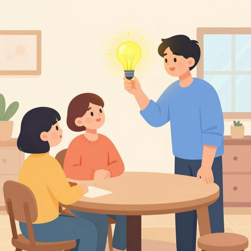 Una persona amichevole che presenta una lampadina a un piccolo gruppo di persone sedute a un tavolo.