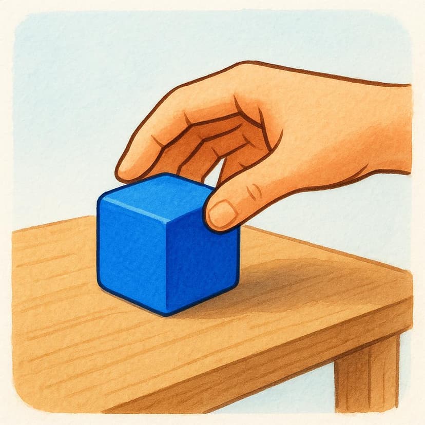 A simplified illustration showing a person's hand carefully placing a small, bright blue, geometric object onto a flat, light-colored surface.