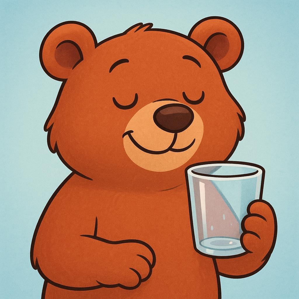 A cartoon character, a small bear, holding an empty glass of clear liquid, indicating the action of having consumed the liquid.