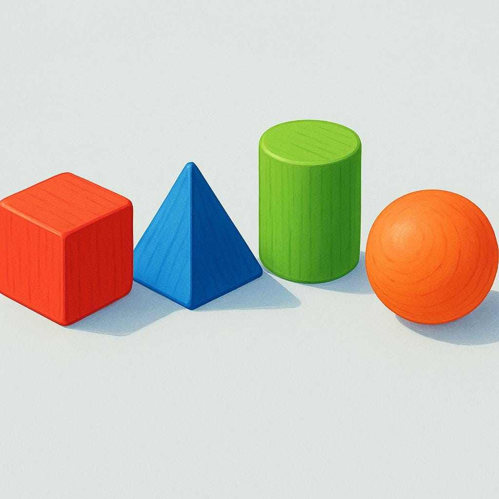 Four brightly colored wooden building blocks (cube, pyramid, cylinder, sphere) arranged together, representing a set.
