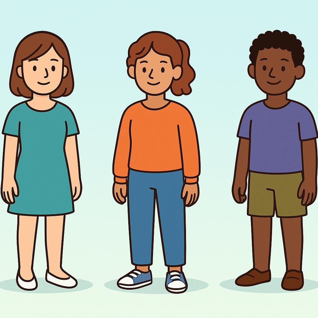 A colorful illustration of three simple, stylized human figures standing together, showcasing different skin tones and hair textures, symbolizing a human group or race.