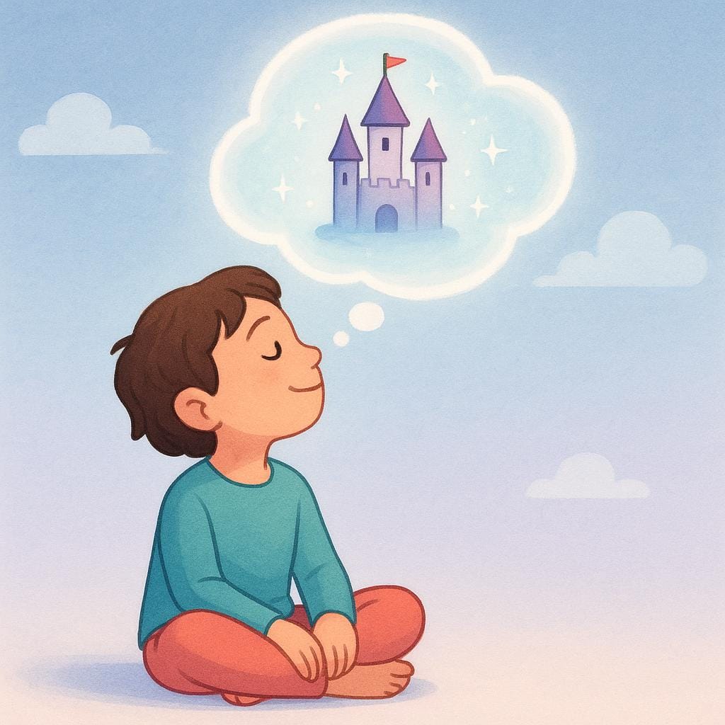 A person sitting calmly with closed eyes, and a bright, colorful thought bubble floating above their head containing a fantastical image, symbolizing imagination.
