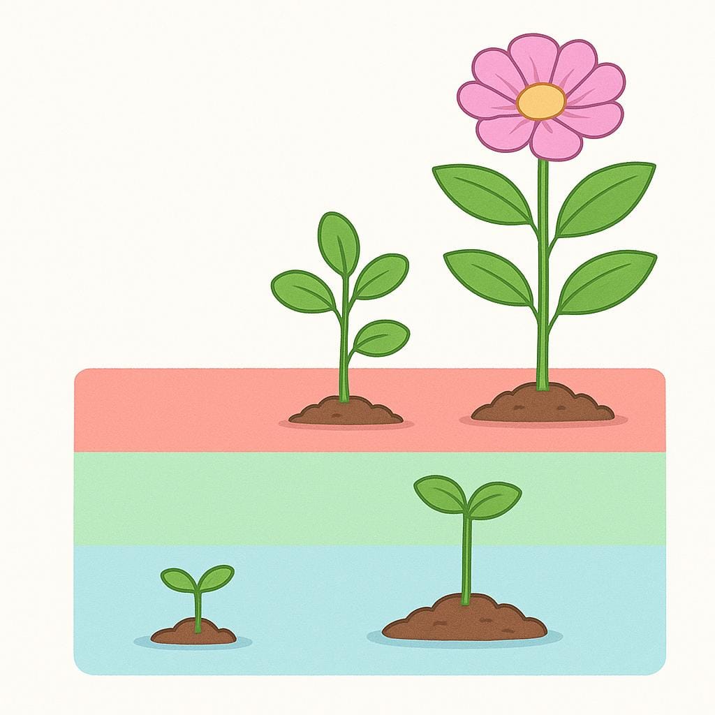 An illustration showing the simple growth stages of a plant, from a small seed on the lowest platform, a small sprout on the middle platform, to a large mature flower on the highest platform, symbolizing a point in development.