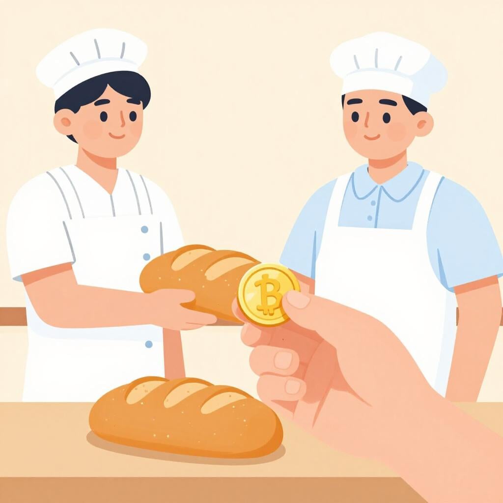 A hand handing over a gold coin to another hand in exchange for a loaf of bread.