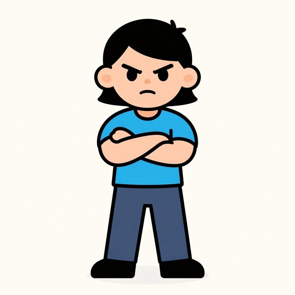 A stern person standing perfectly straight with a serious expression.