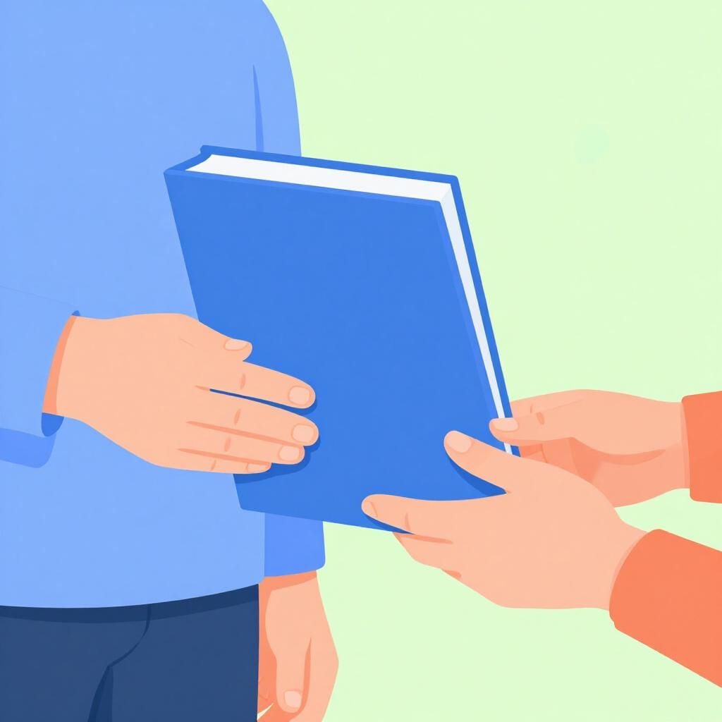 Eine Person übergibt einer anderen Person freundlich einen Ordner, um zu zeigen, dass eine Aufgabe zugewiesen wird.