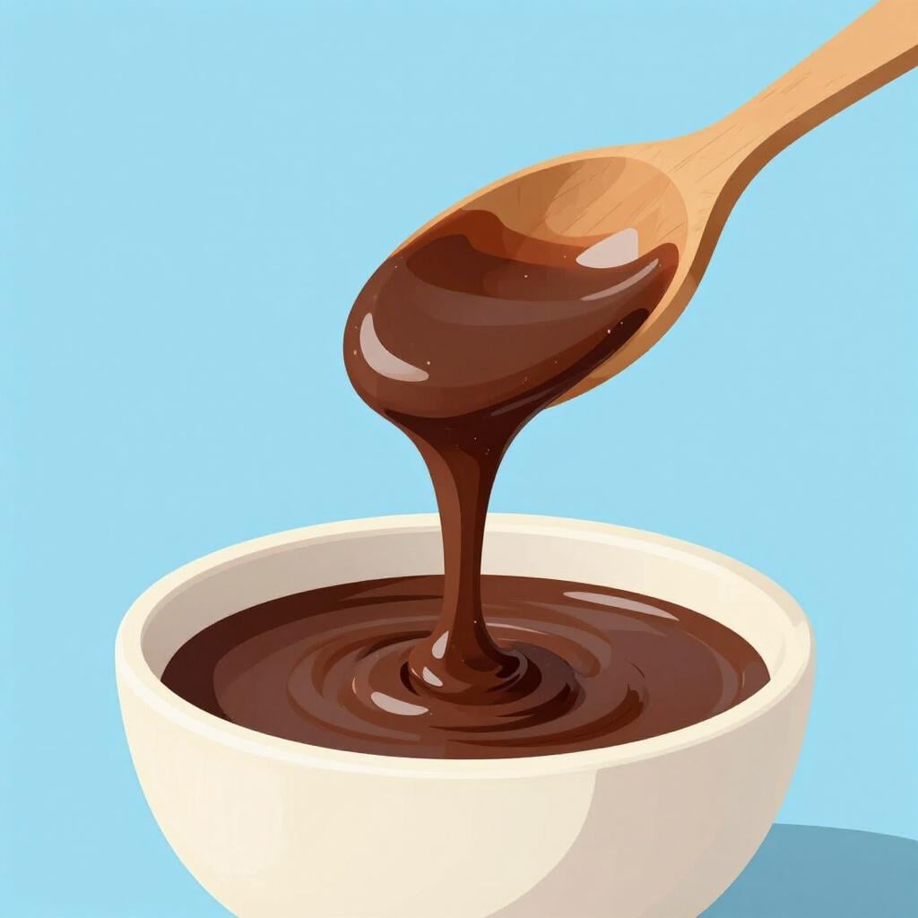 A wooden spoon lifting a very thick, dark chocolate sauce from a bowl, showing its viscous texture.