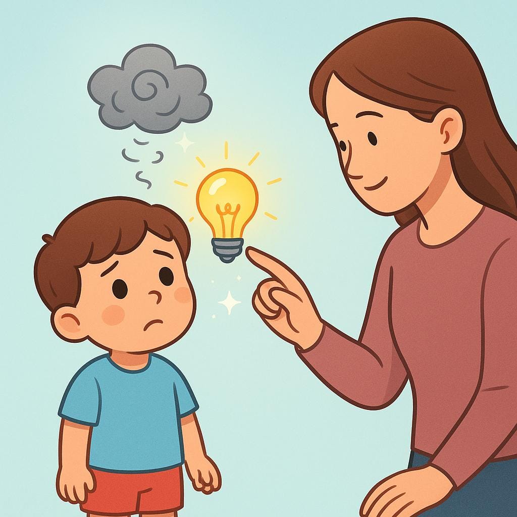 A storybook illustration showing an adult helping a confused child understand a concept. The child's confusion, visualized as a dark cloud, is being replaced by a bright, glowing lightbulb representing clarity and understanding.