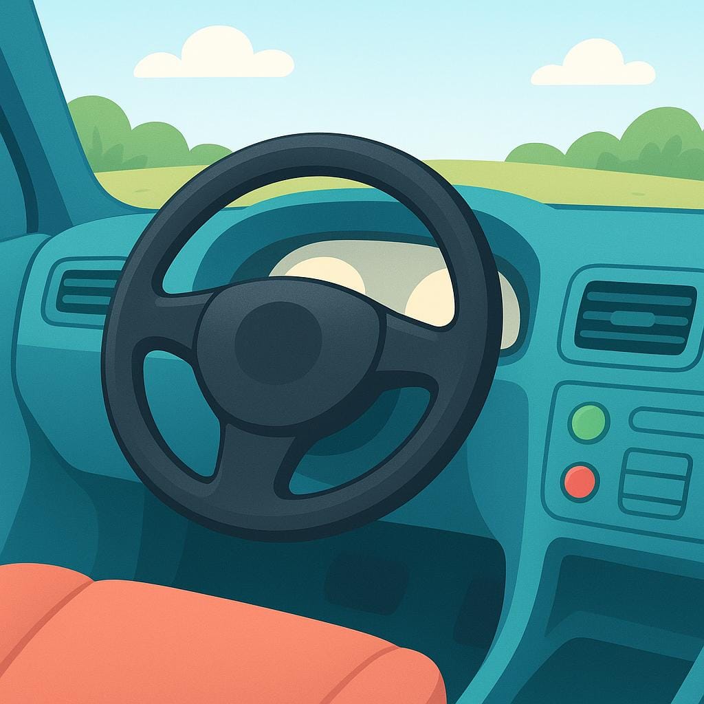 A simple black steering wheel with spokes, seen from the driver's perspective inside a vehicle.