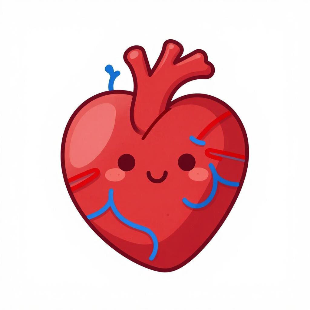 Um diagrama simplificado de um coração vermelho com vasos azuis e vermelhos mostrando a circulação.