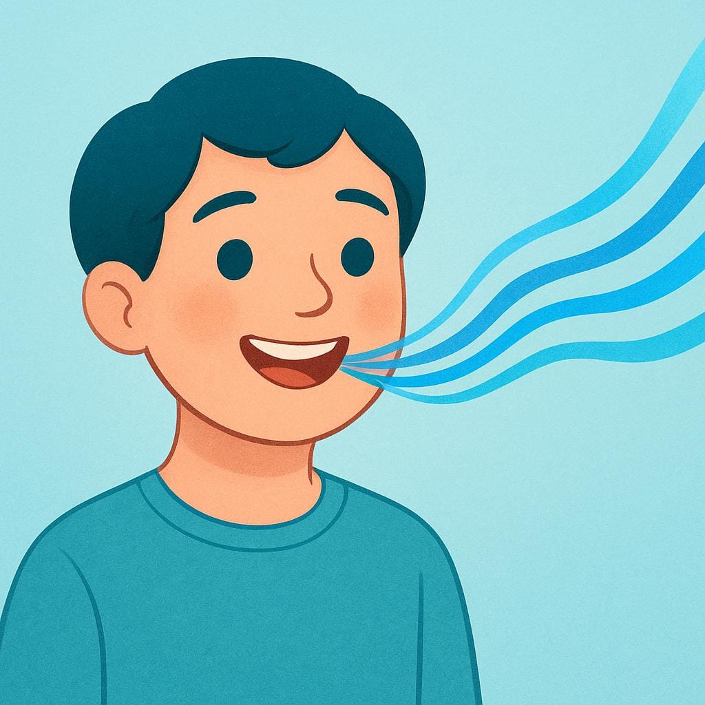 Une illustration de dessin animé d'une personne parlant sans effort. Des lignes bleues ondulées, lisses et continues s'échappent facilement de la bouche du locuteur, indiquant un discours fluide et aisé.