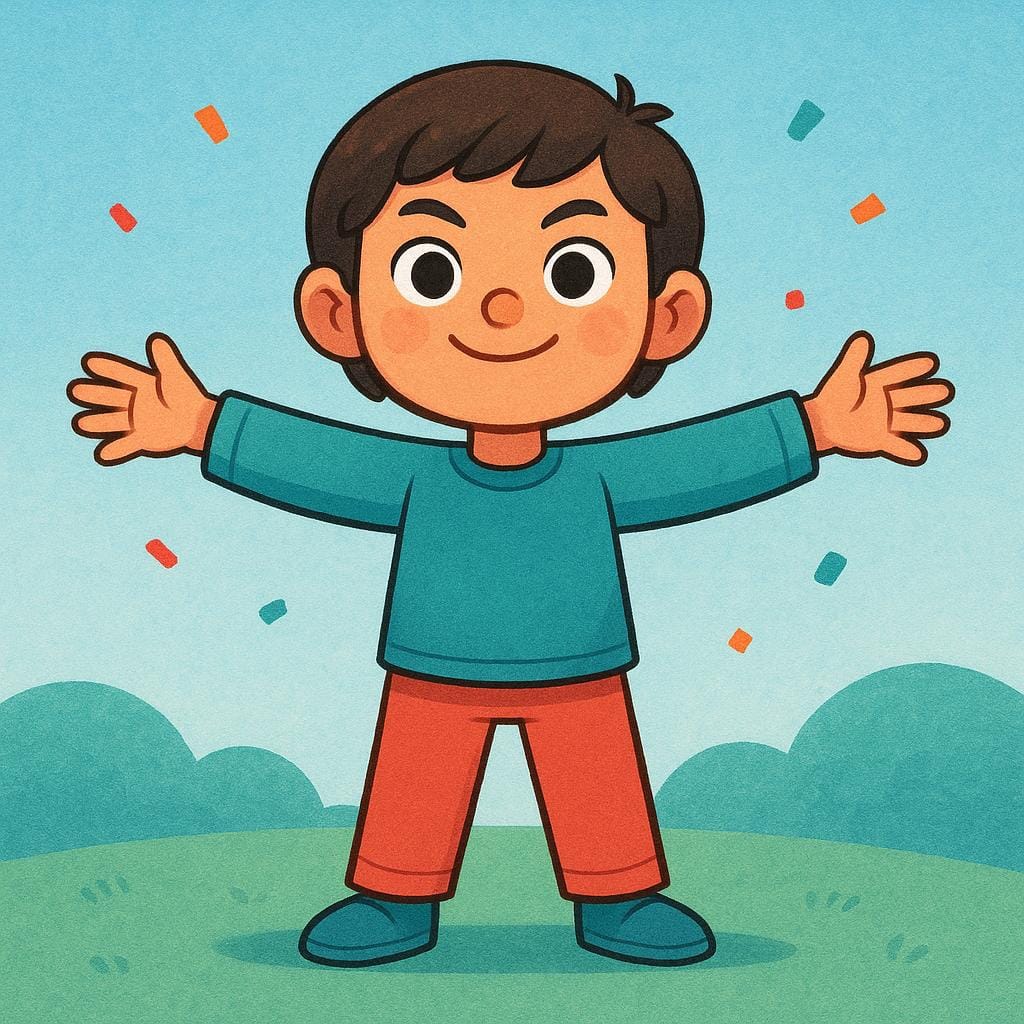 A cheerful character stands with both arms spread wide open, looking forward with a determined and happy expression, signifying stating one's position.
