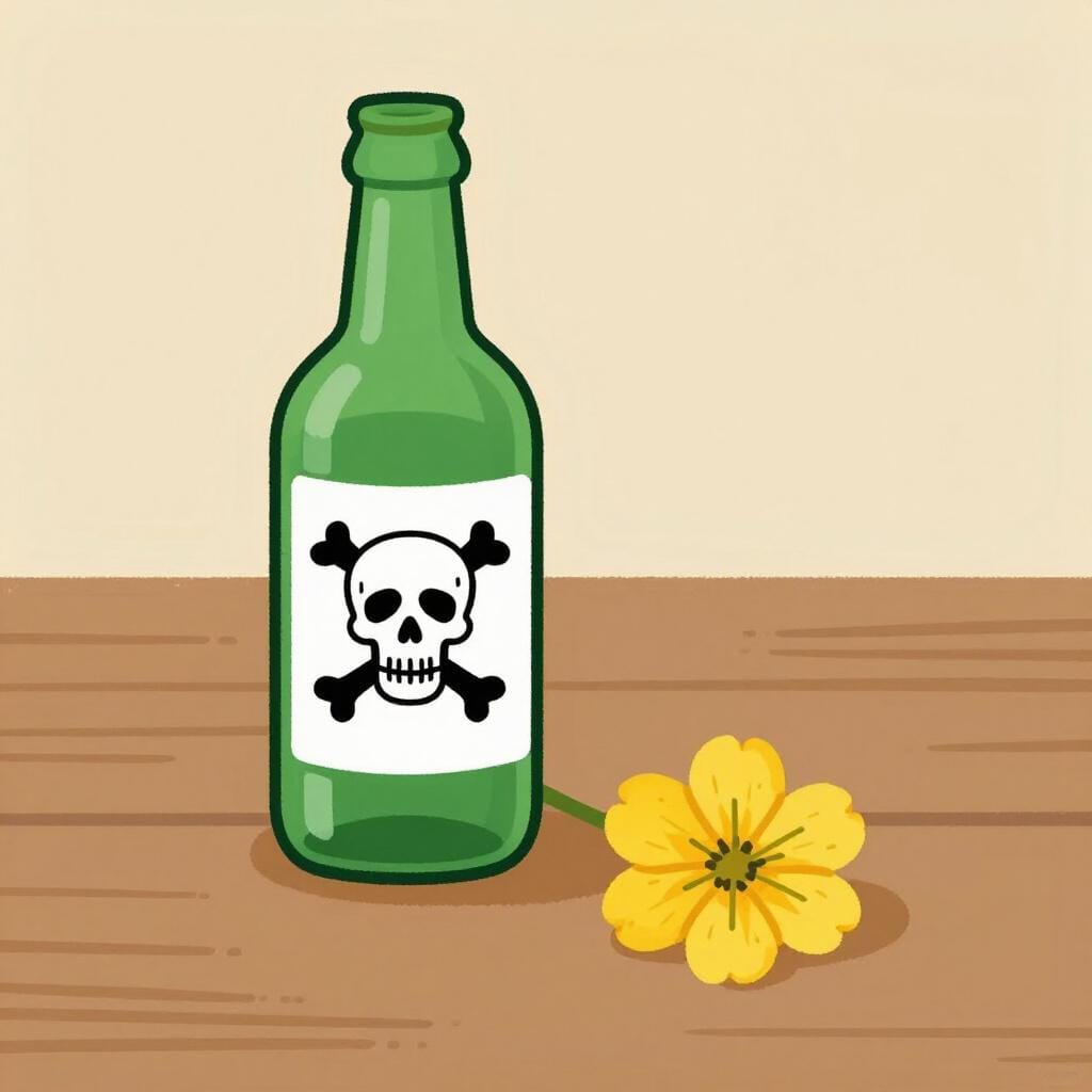 A green bottle with a skull and crossbones symbol next to a wilted flower.