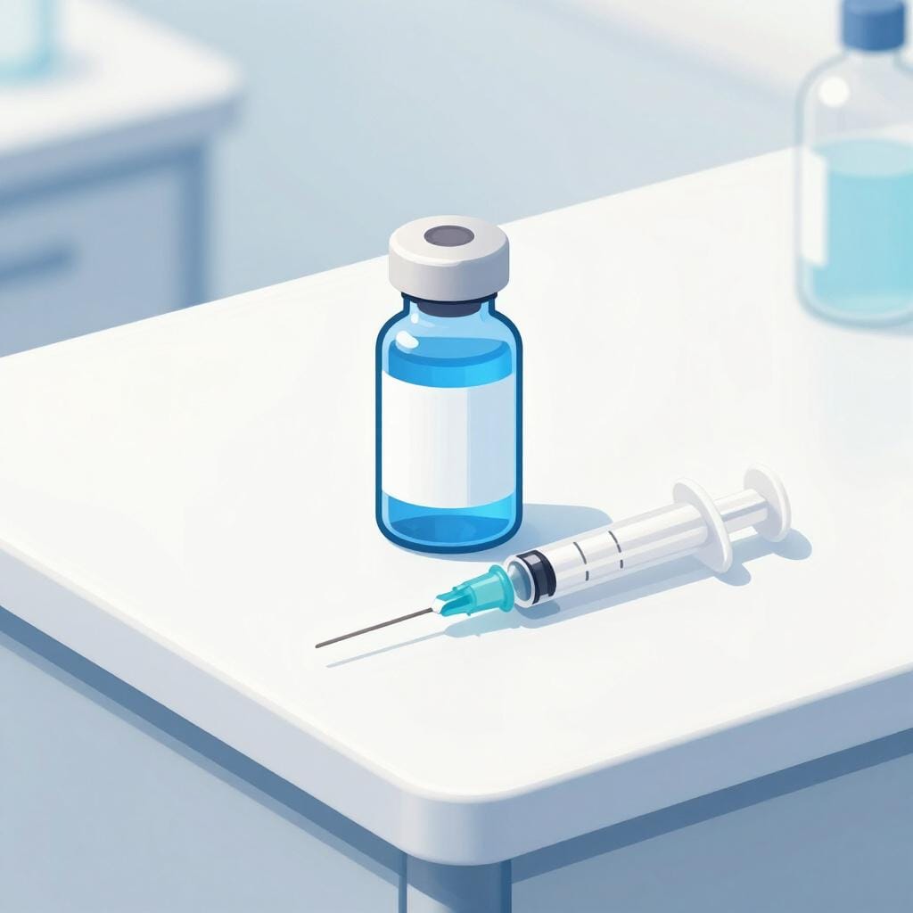 A small blue glass medicine bottle and a needle-less syringe resting on a clean white surface.