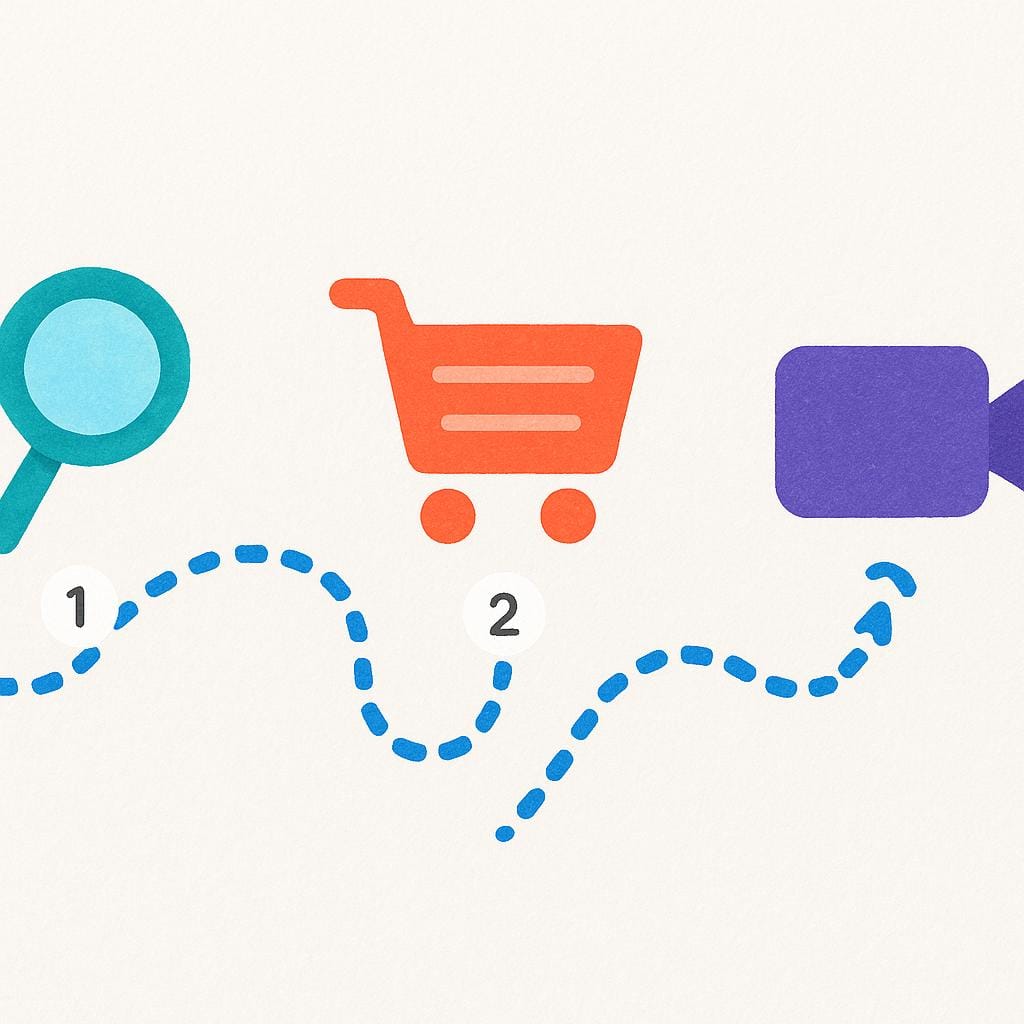 A simple, colorful illustration showing a winding, dotted line connecting three distinct digital icons representing a sequence of past online activities: a magnifying glass, a shopping cart, and a video camera.