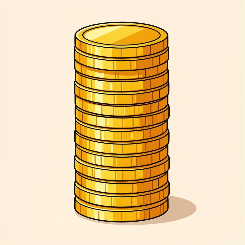 A large, organized pile of golden coins on a wooden table.