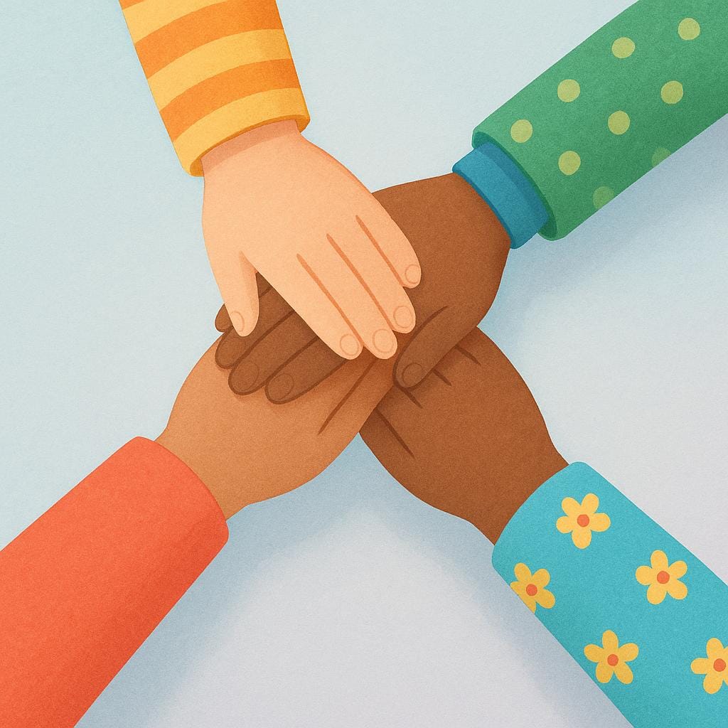 Un'illustrazione semplice e colorata di un libro di fiabe di alta qualità che raffigura quattro mani diverse impilate l'una sull'altra al centro, a simboleggiare inclusione e accordo in un'attività di gruppo.