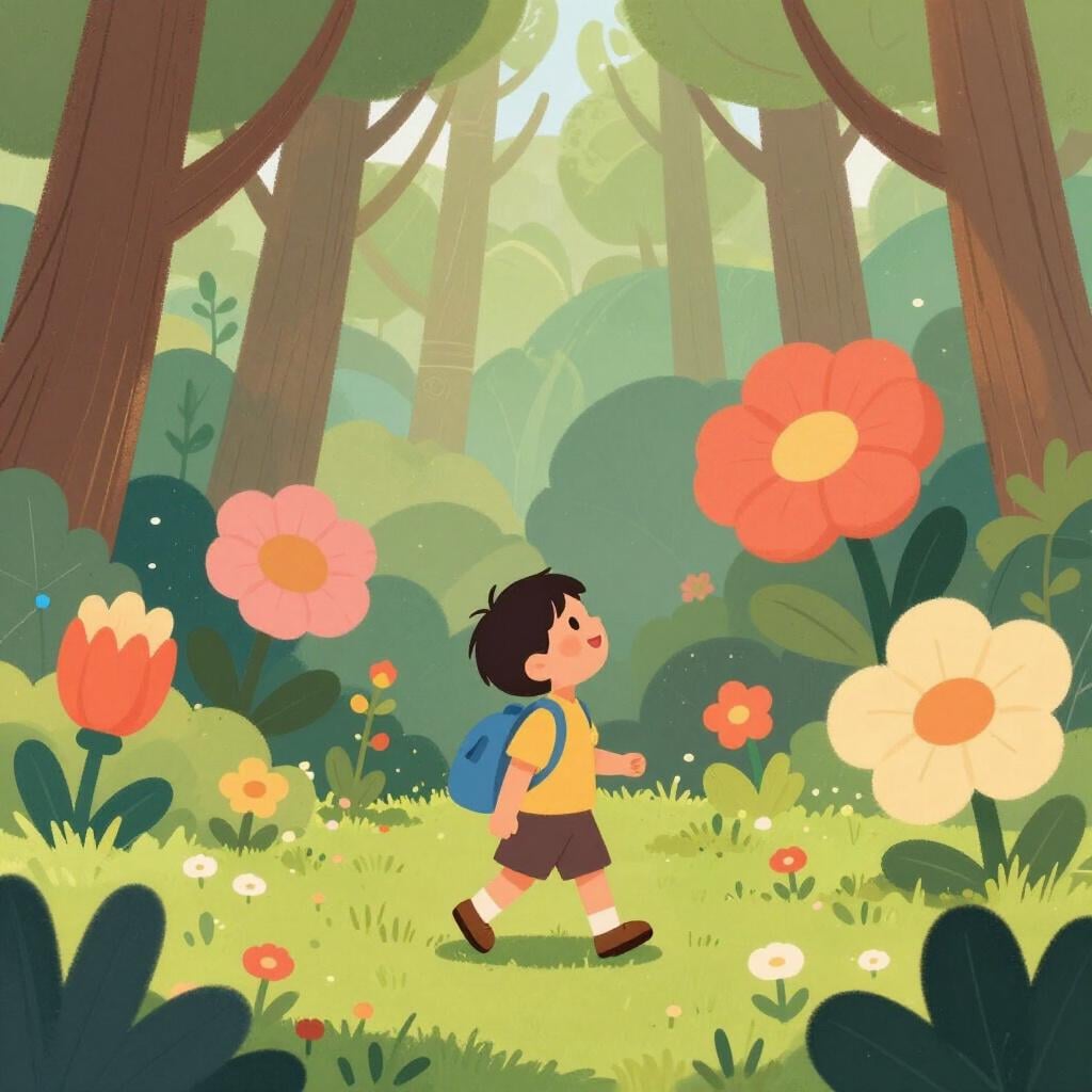 A small child happily wandering through a giant, colorful forest of tall flowers.