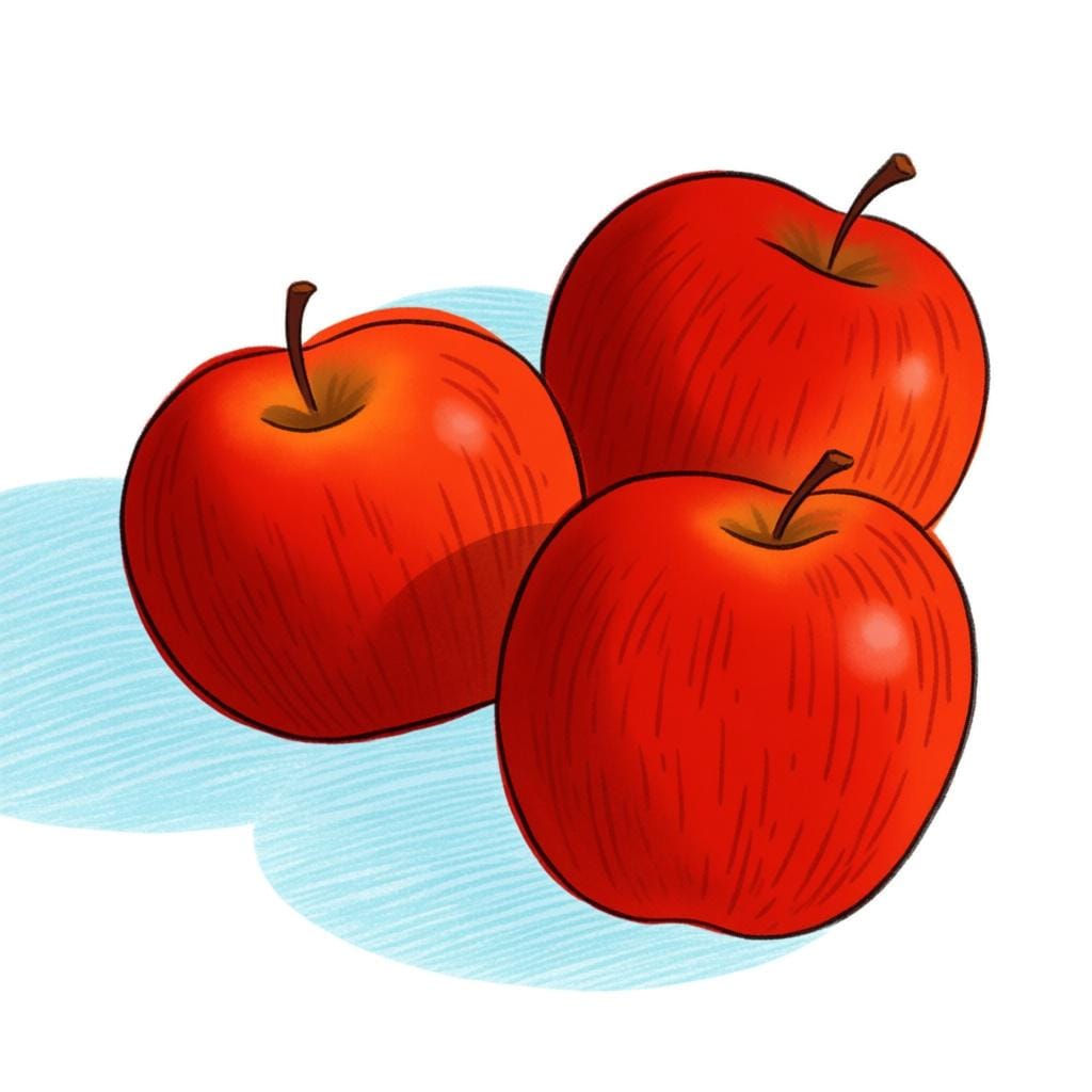 A collection of three bright red apples sitting closely together on a flat surface, representing a general group of things.