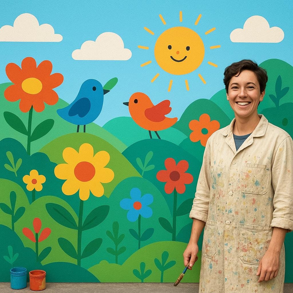 Een blije kunstenaar staand naast een groot, levendig, voltooid muurschildering, met een penseel naar beneden wijzend om aan te geven dat het werk klaar is.