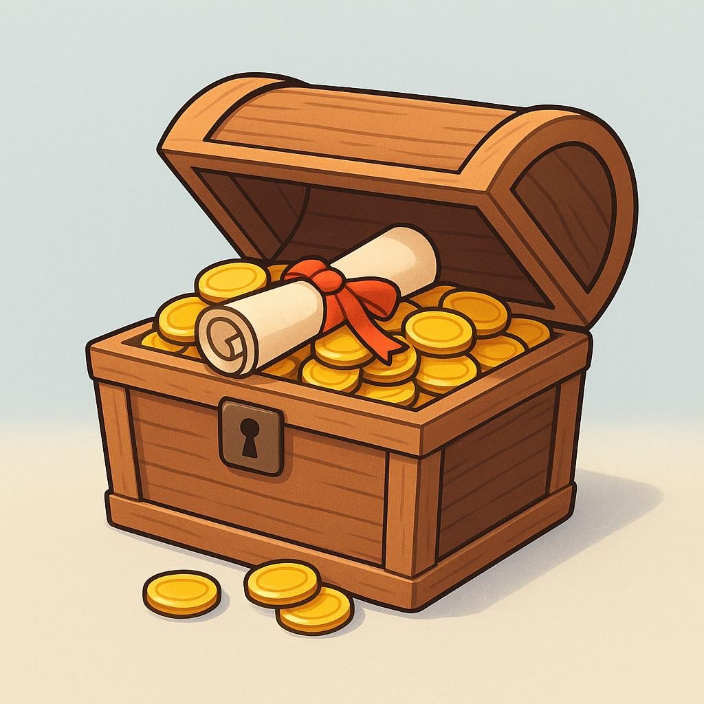 A small, ornate wooden treasure chest overflowing with gold coins and a few pieces of jewelry, placed next to a rolled-up legal document tied with a red ribbon.