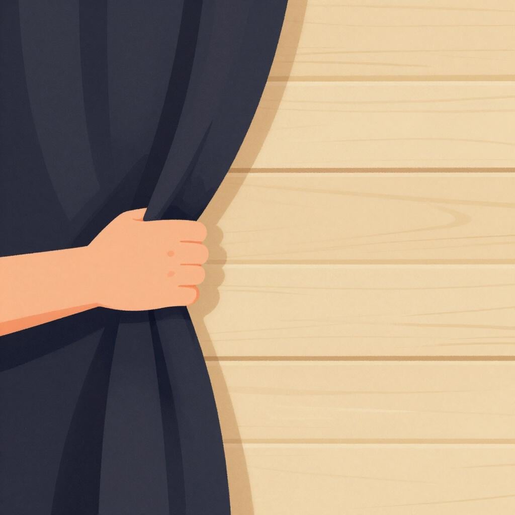 A hand pulling back a heavy curtain to reveal a simple wooden stage set behind it.