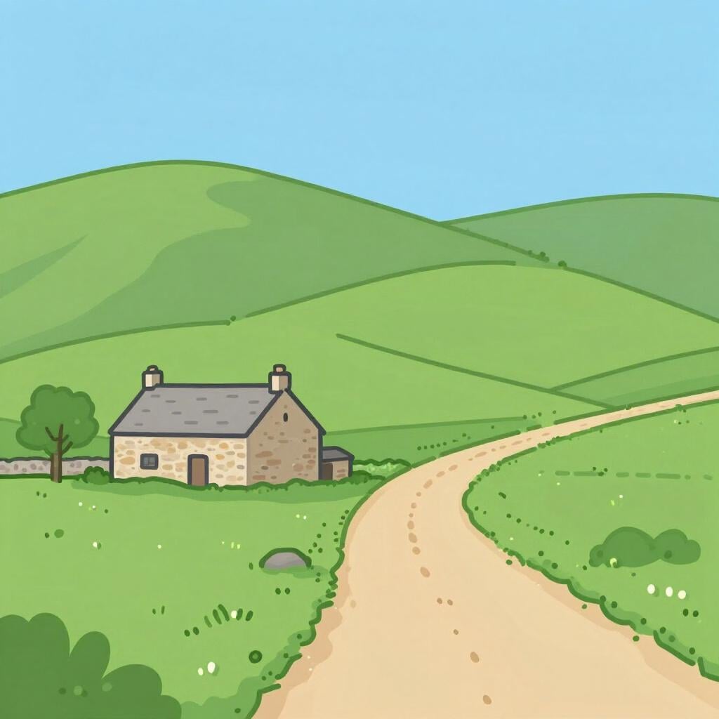 Une scène de campagne paisible avec des collines verdoyantes, un petit cottage et un chemin de terre.