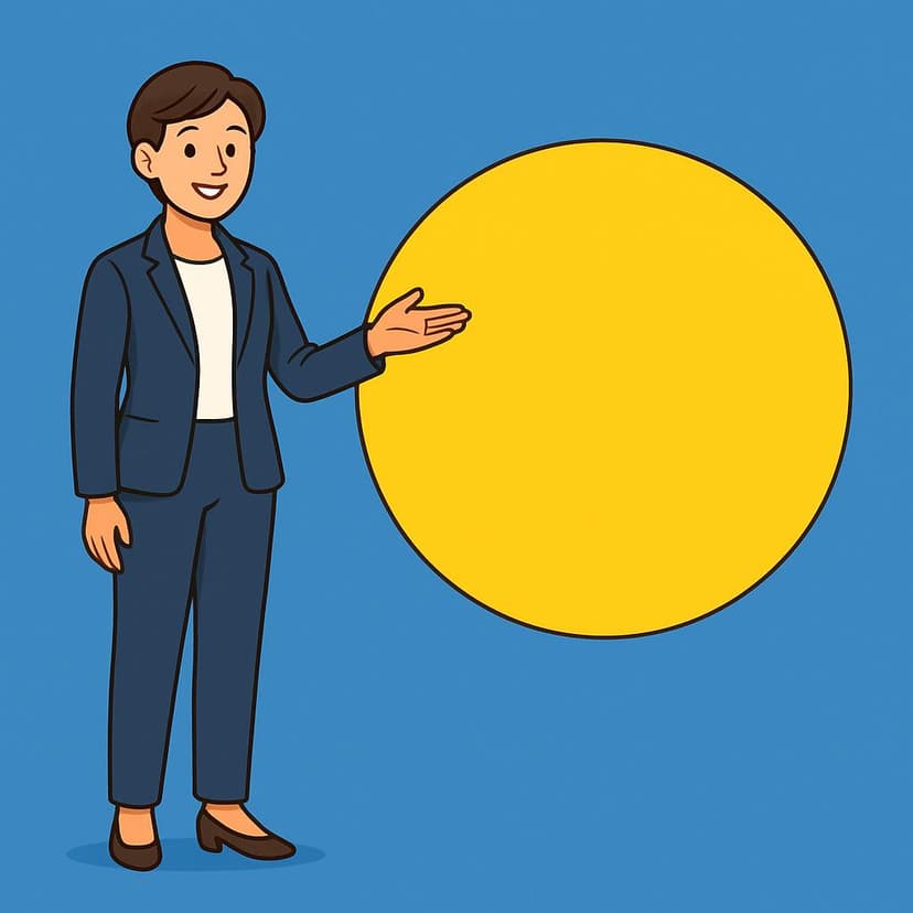 Eine professionell aussehende Person steht neben einem einfachen, großen gelben Kreis, der an eine blaue Wand gezeichnet ist. Die Person gestikuliert mit offener Hand auf die Form zu und veranschaulicht damit klar ein Konzept.