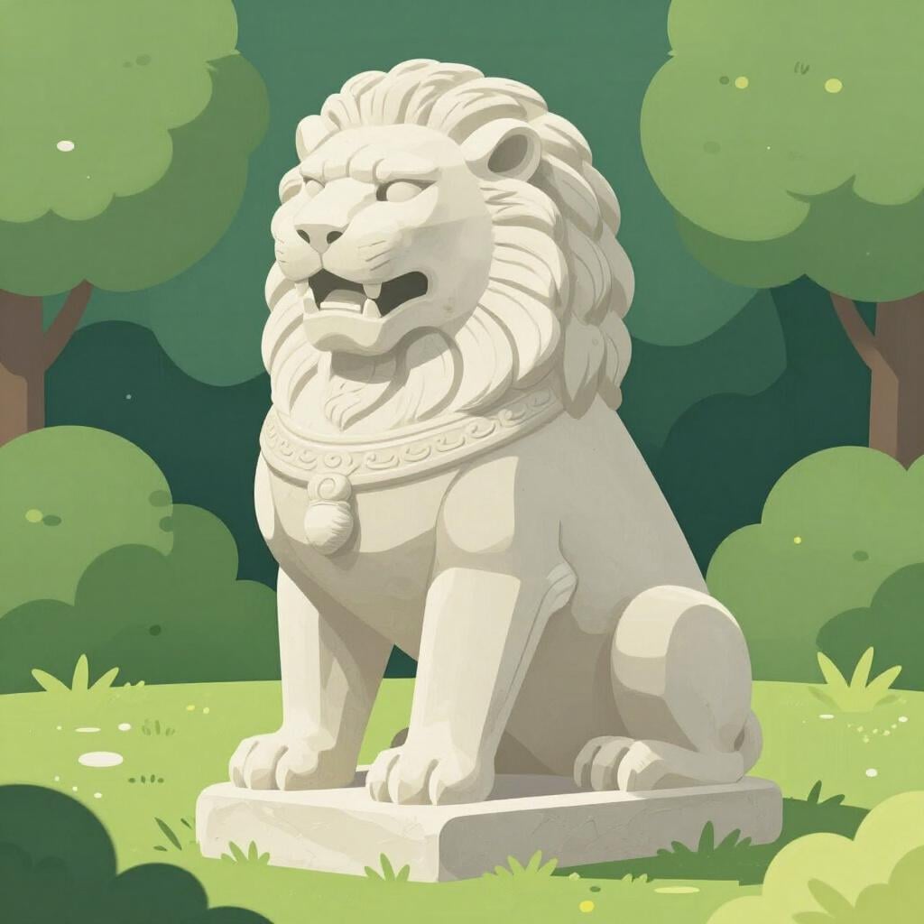 Eine alte Steinstatue eines Löwen, der in einem friedlichen Garten sitzt und keine Abnutzungsspuren aufweist.