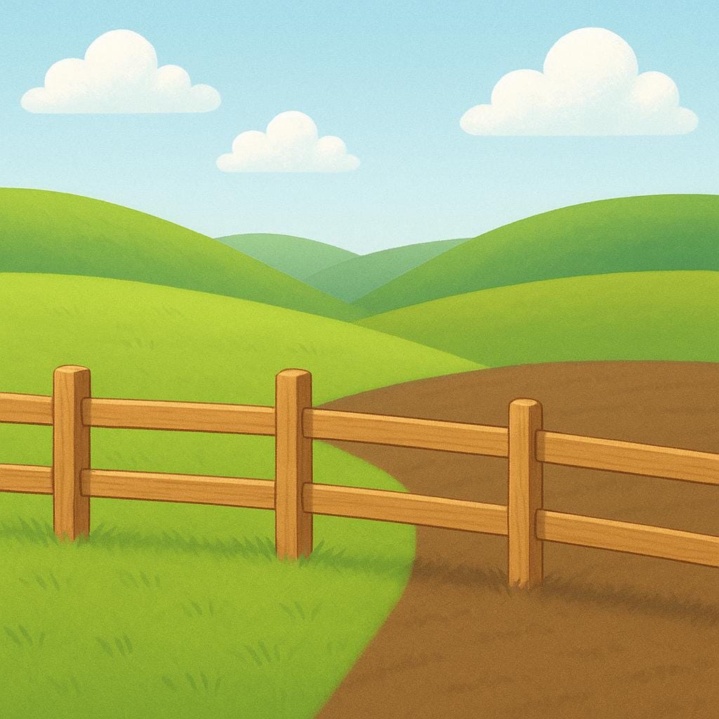 A simple illustration showing a bright green landscape clearly divided by a wooden fence running across the ground, symbolizing a defined geographical territory.