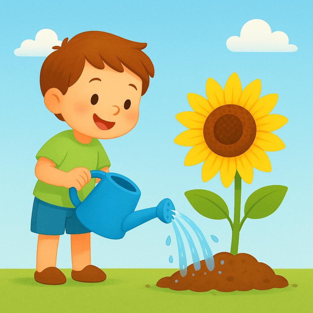 A child watering the ground, causing a large sunflower to immediately sprout and bloom.