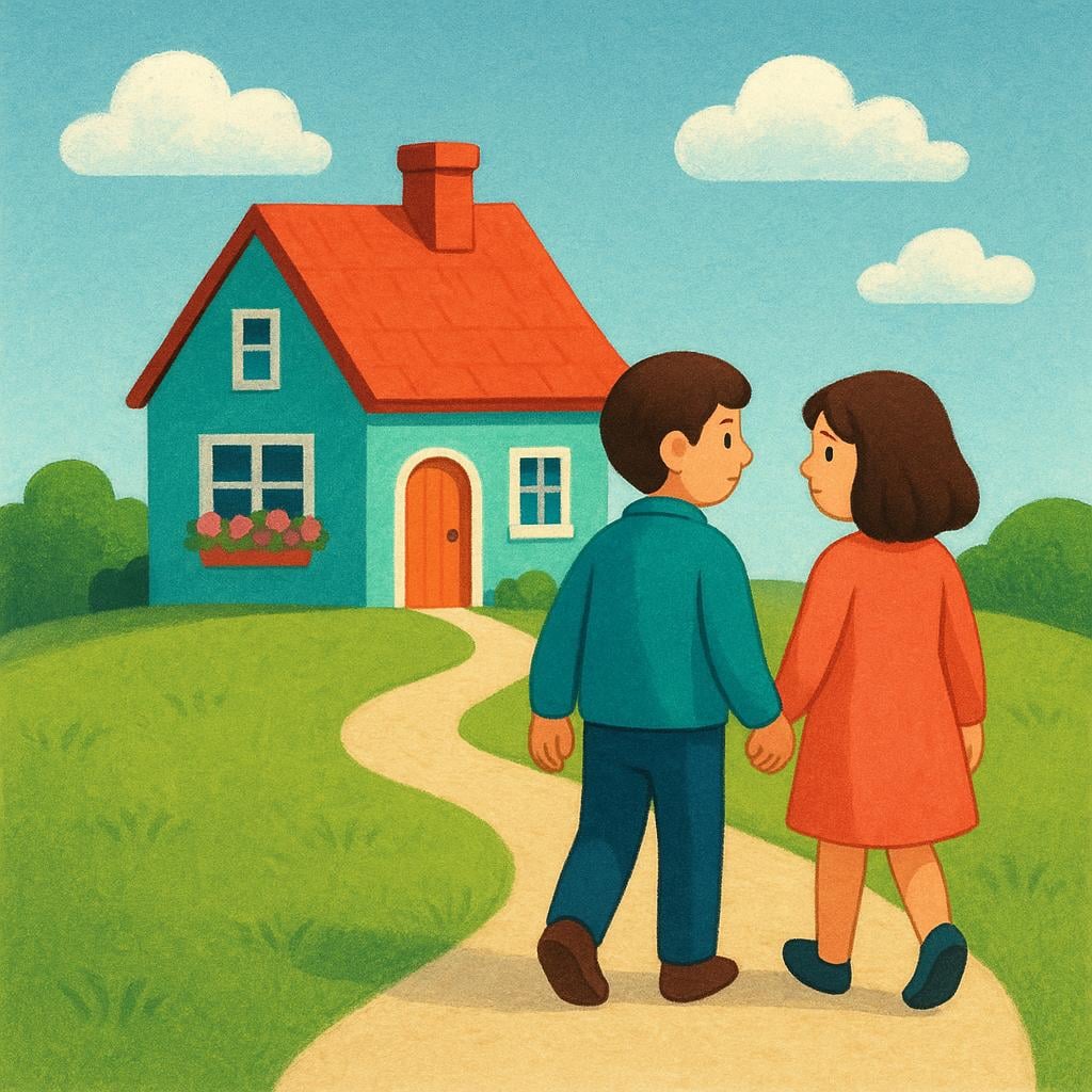 Two small, stylized figures holding hands and walking away from a brightly colored cottage, looking backward slightly over their shoulders.
