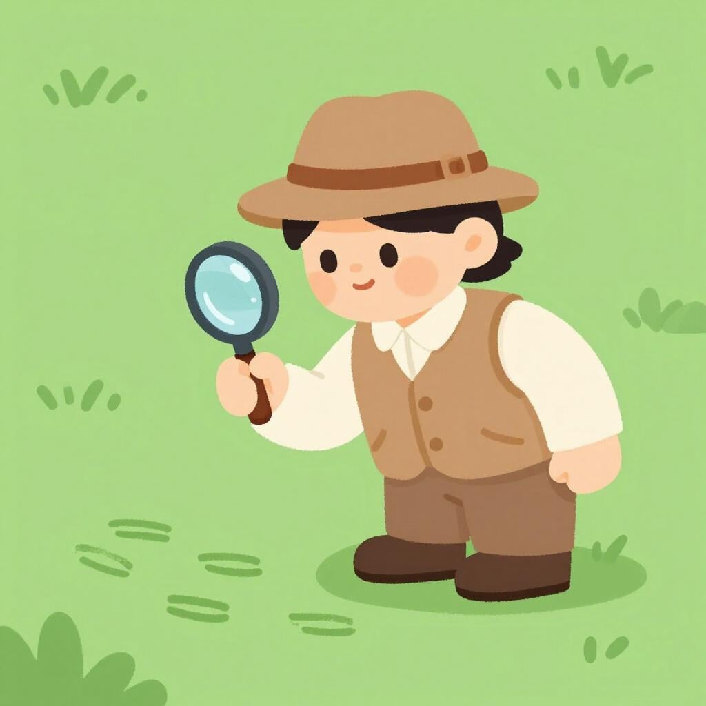 An explorer in a hat using a magnifying glass to look at footprints on a grassy path.