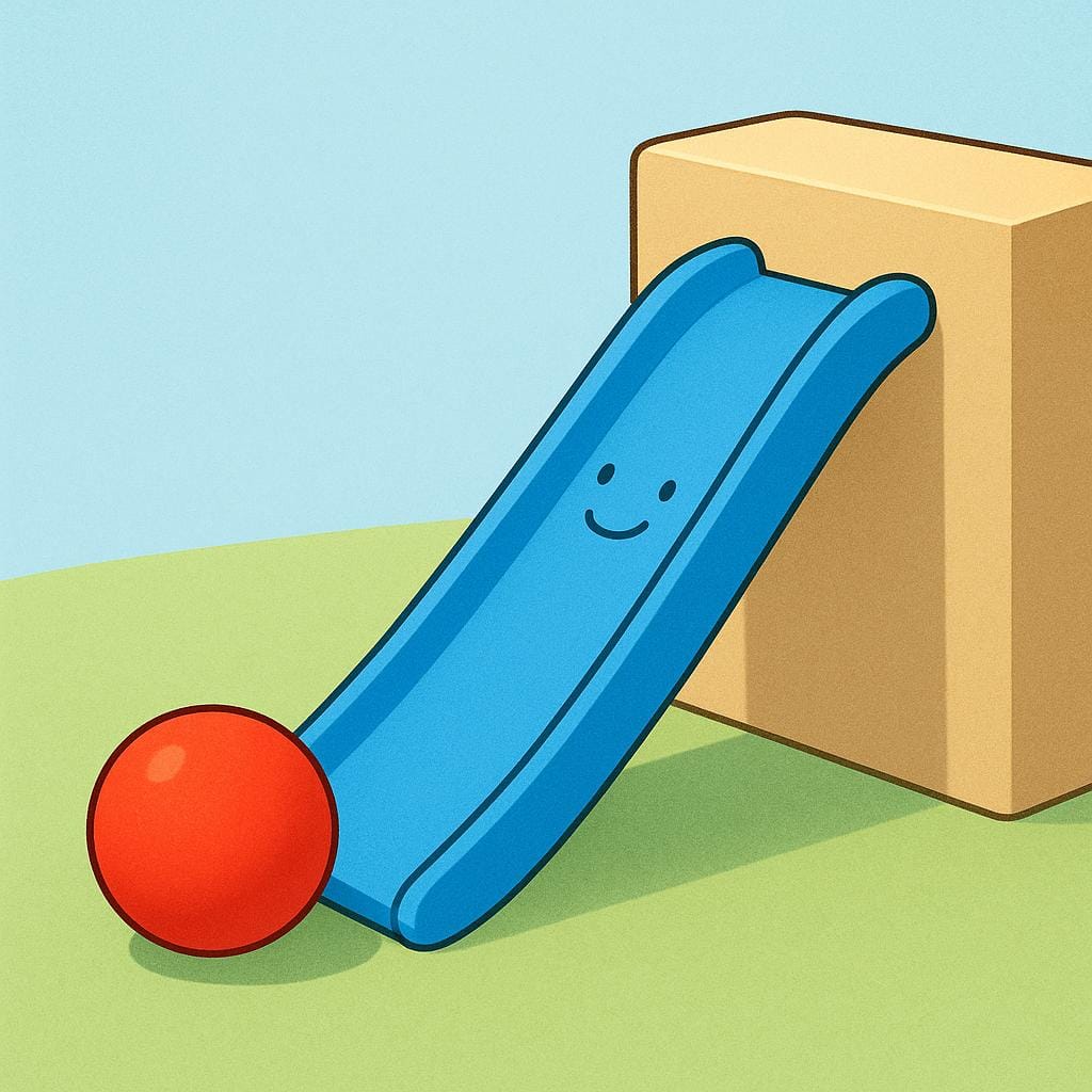 A small red ball is stuck at the bottom of a steep wooden step. A blue ramp has been placed against the step, allowing the ball to roll up easily, illustrating the concept of enabling.