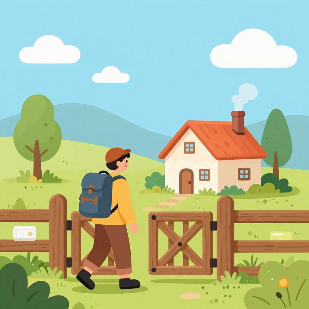 A traveler walking back through a garden gate towards a cozy house.