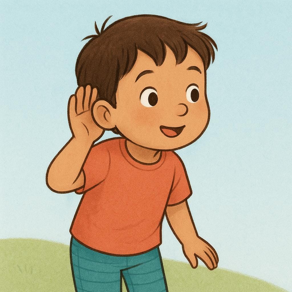Une illustration simplifiée d'une jeune personne se tenant la main derrière l'oreille, se penchant pour mieux entendre.
