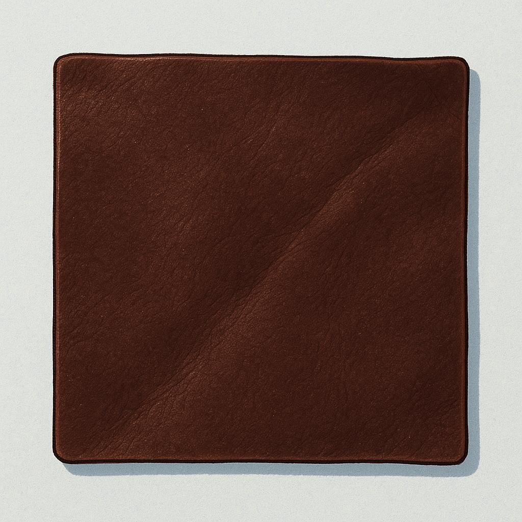 A simple, square piece of rich, brown tanned leather material, showing its texture.
