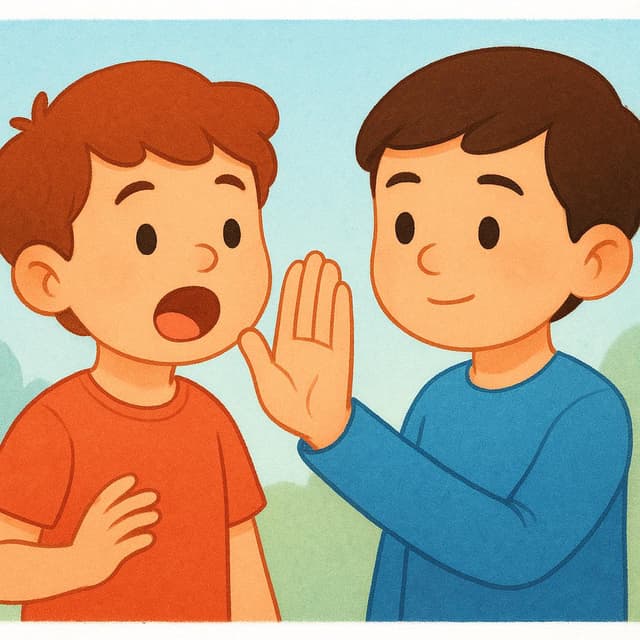 A small child is eagerly telling a story, but an adult gently raises a hand to stop the child's speech, symbolizing an interruption.