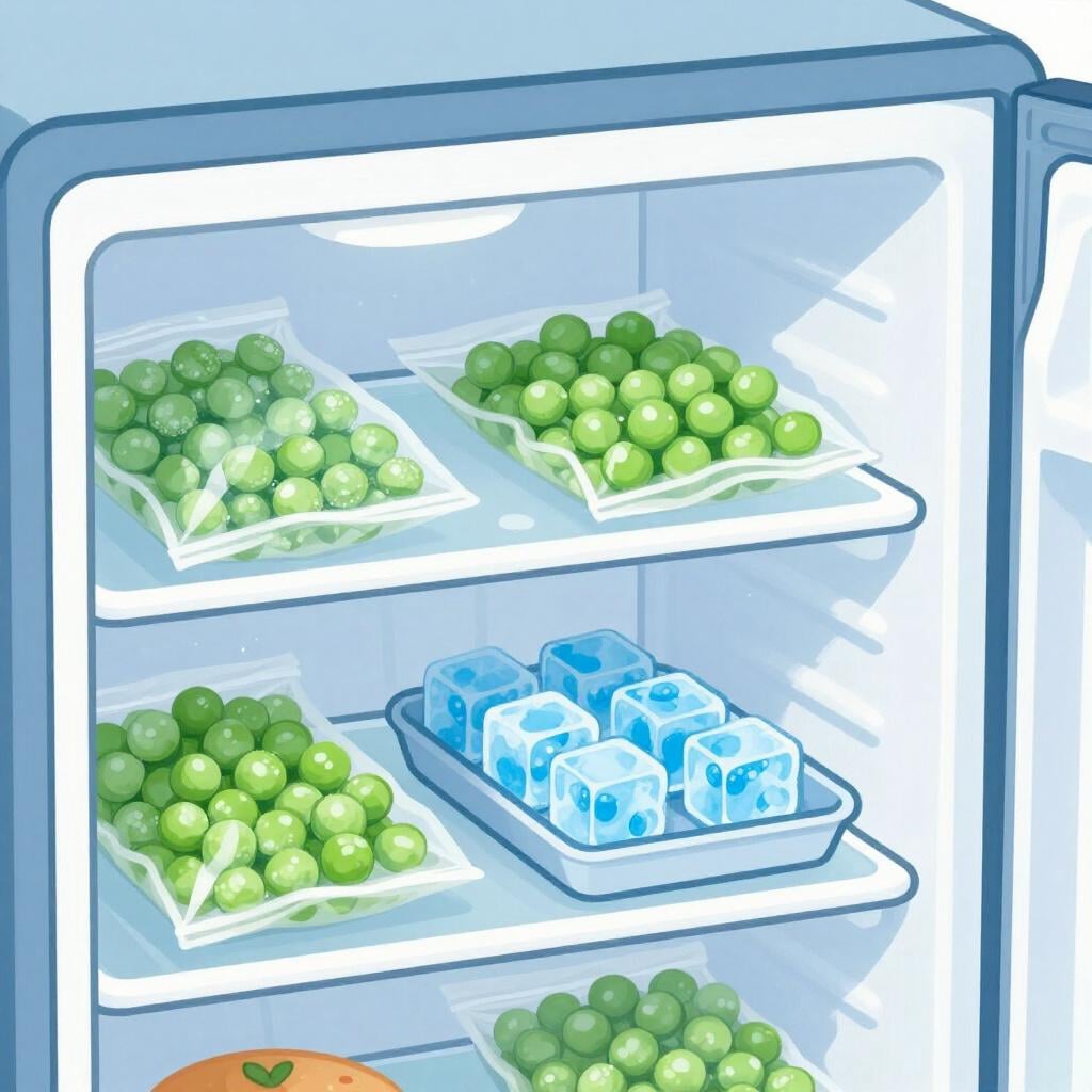 A modern kitchen freezer with the door slightly open, showing frozen vegetables and ice cube trays inside.
