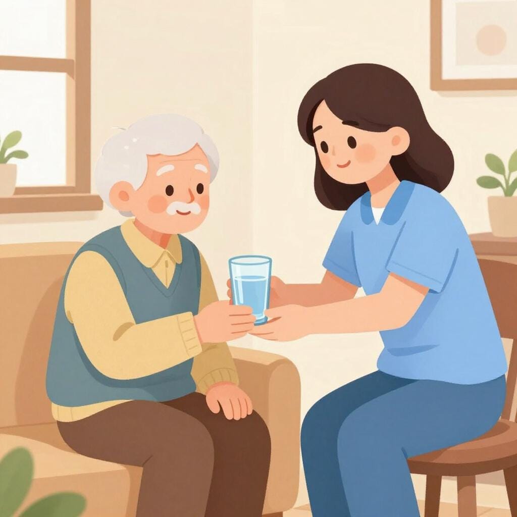 Una persona gentile seduta accanto a un anziano, che offre un bicchiere d'acqua e sorride.