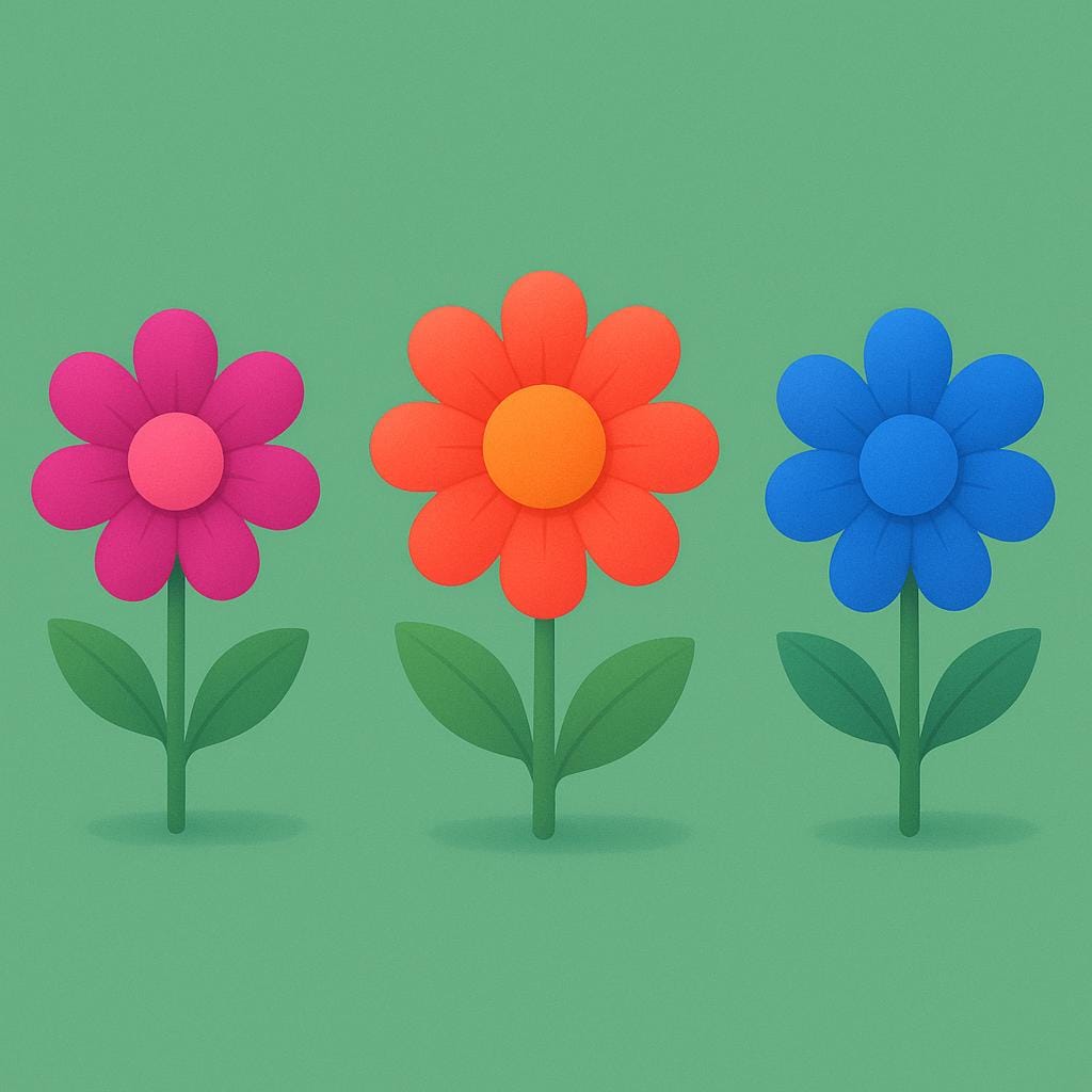 Una fila di tre fiori colorati da libro di fiabe. Il fiore al centro è enfatizzato come il secondo elemento della sequenza.
