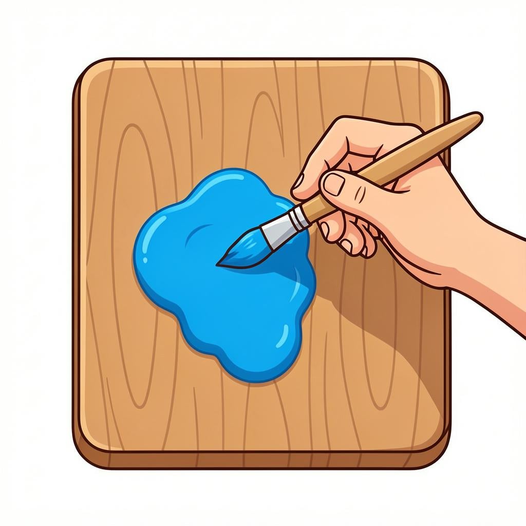 A person using a paintbrush to carefully apply a thick layer of bright blue paint onto a wooden surface.