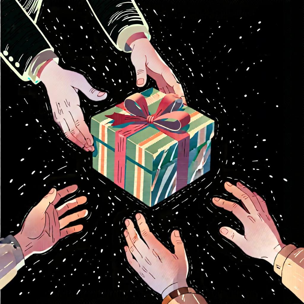 An illustration of a person happily receiving a gift box from another person, showing something is being given *to me*.