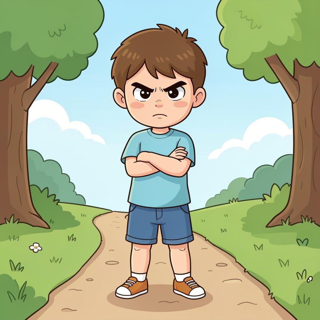 A small child standing with arms crossed and a determined look, refusing to move from a specific spot.