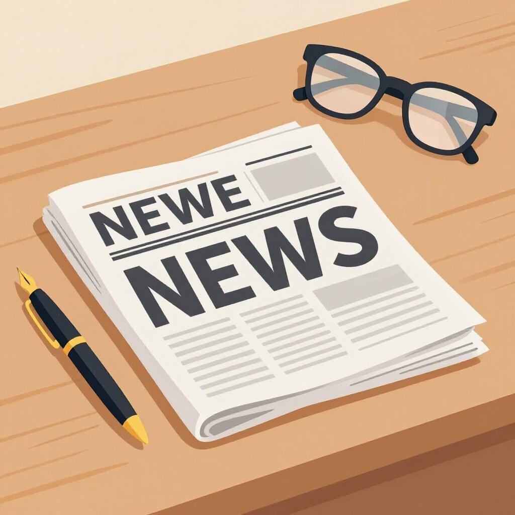 A person sitting at a desk with a pair of glasses, a pen, and a folded newspaper.