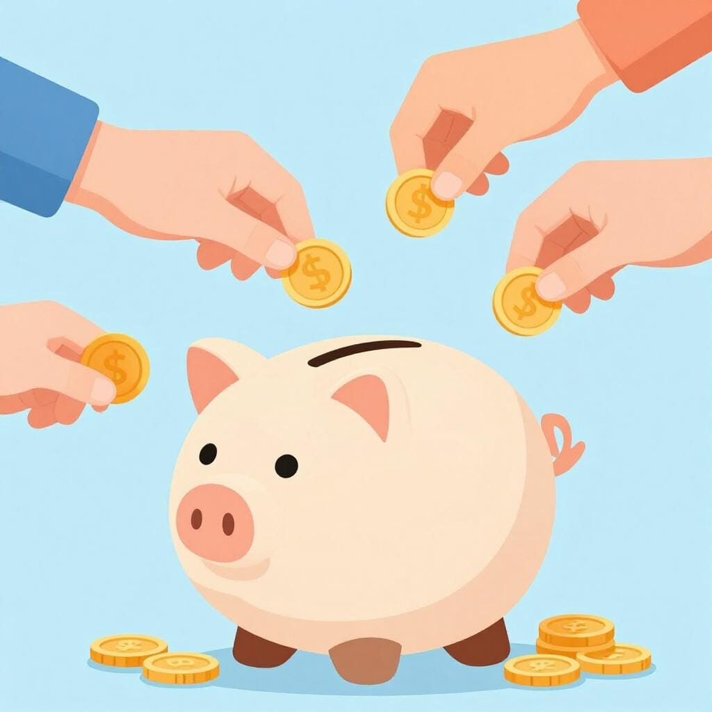 Eine bunte Keramik-Sparschwein, das von verschiedenen Händen mit Münzen gefüllt wird.