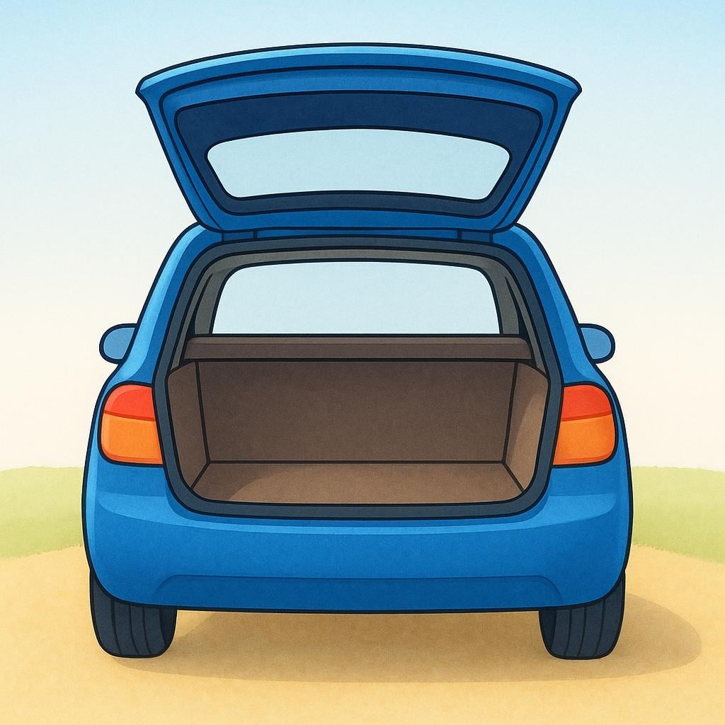 The open storage compartment at the back of a blue sedan car.