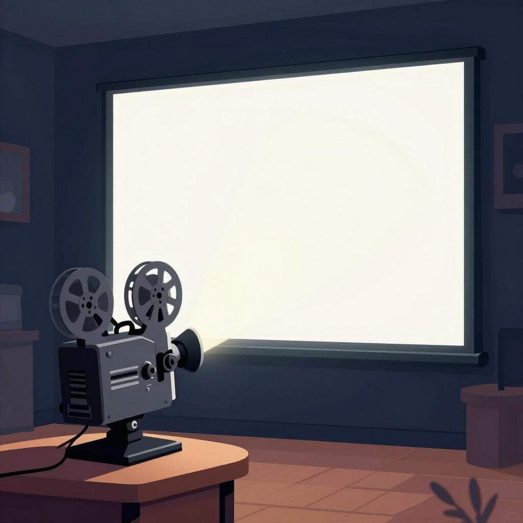 Een kleurrijke sprookjesboekillustratie van een lichtstraal van een filmprojector die op een lege witte muur in een donkere kamer valt.