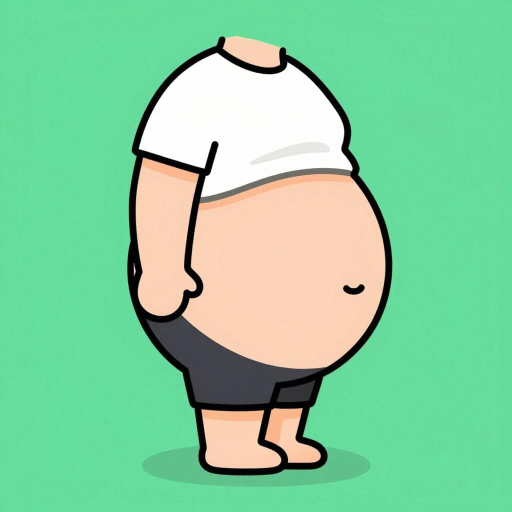 Un personnage de dessin animé portant une chemise courte, montrant un ventre rond et sympathique.